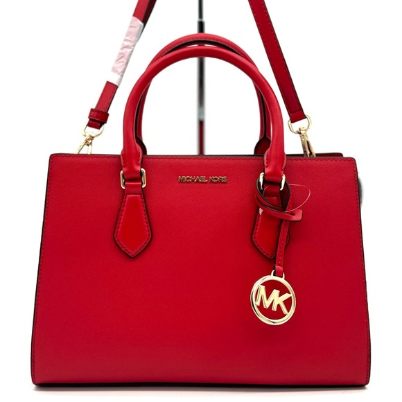 Michael Kors Sheila Medium Signature CZ Logo Satchel Crossbody Bag Bright Red - Picture 1 of 12